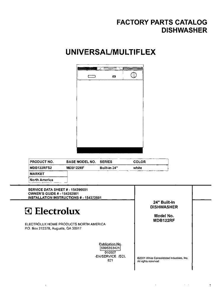 COVER Diagram and Parts List for MDB122RFS2  Uni Dishwasher