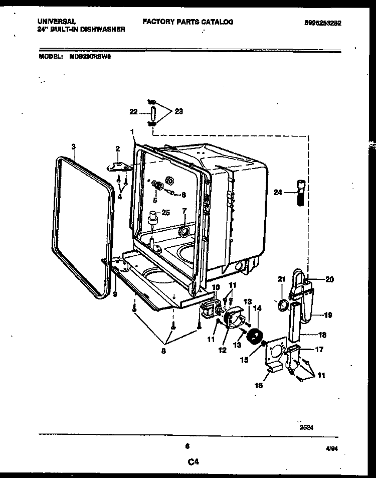 TUB AND FRAME PARTS Diagram and Parts List for MDB200RBW0  Frigidaire Dishwasher