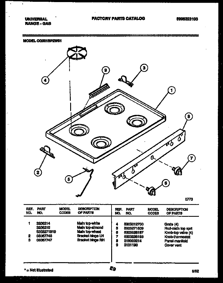 COOKTOP PARTS Diagram and Parts List for CG301SP2W1  Frigidaire Range