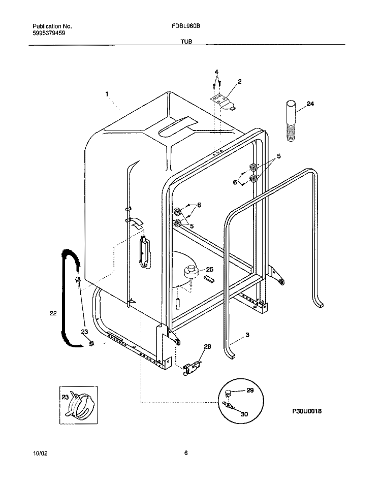 TUB Diagram and Parts List for FDBL960BS0  Frigidaire Dishwasher