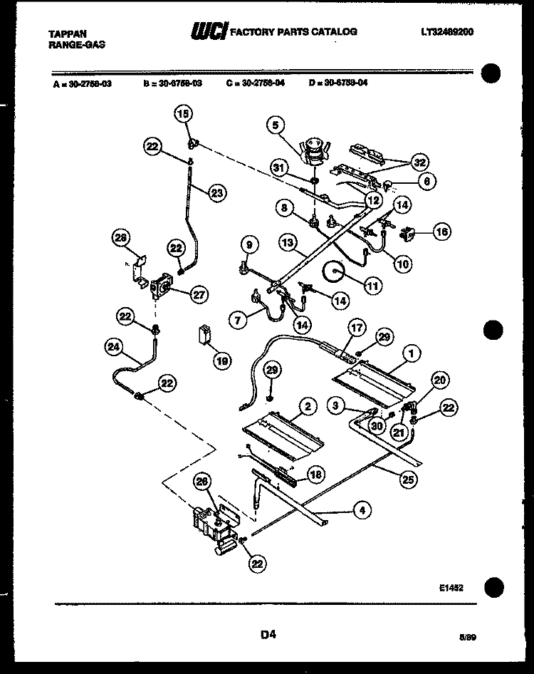 BURNER, MANIFOLD AND GAS CONTROL Diagram and Parts List for 30-2758-00-03  Tappan Range
