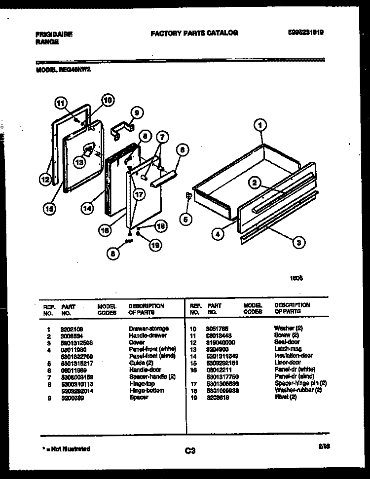DOOR AND DRAWER PARTS Diagram and Parts List for REG46NL2  Frigidaire Range