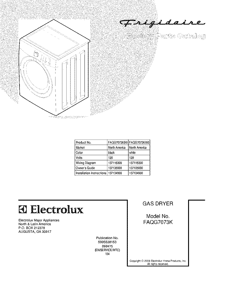 COVER Diagram and Parts List for FAQG7073KB0  Frigidaire Dryer