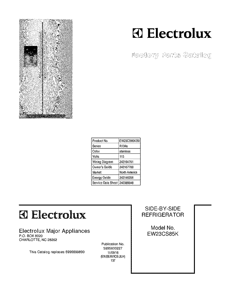 COVER Diagram and Parts List for EW23CS85KS0  Electrolux Refrigerator