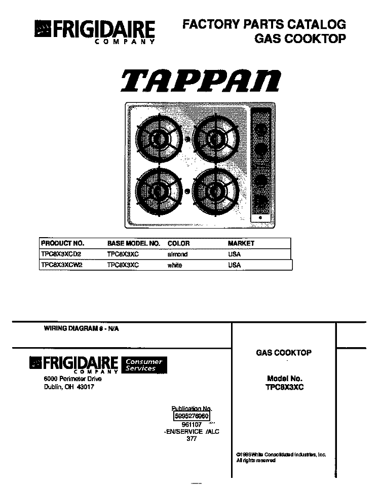 COVER Diagram and Parts List for TPC8X3XCW2  Tappan Cooktop