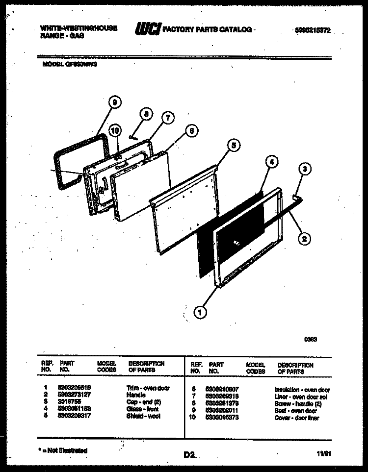 DOOR PARTS Diagram and Parts List for GF830NW3  Frigidaire Range