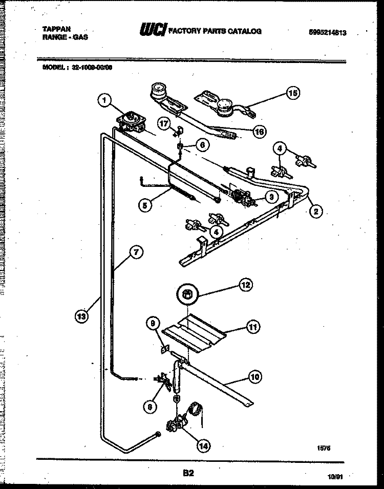 BURNER, MANIFOLD AND GAS CONTROL Diagram and Parts List for 32-1009-00-06  Tappan Range