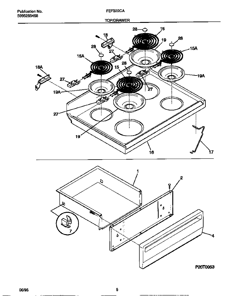 TOP / DRAWER Diagram and Parts List for FEF322CASF  Frigidaire Range