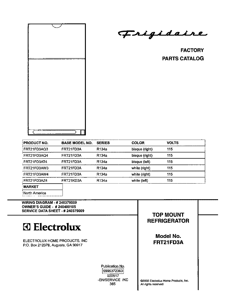 COVER Diagram and Parts List for FRT21FD3AZ4  Frigidaire Refrigerator