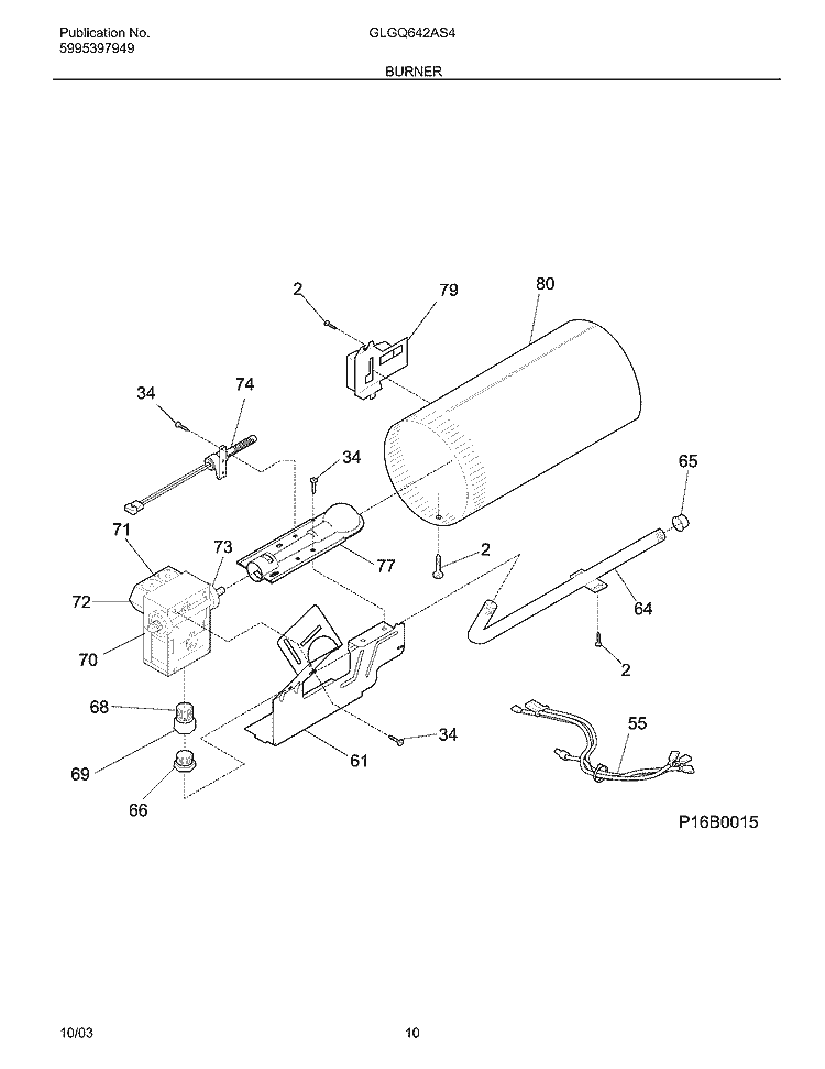 BURNER Diagram and Parts List for GLGQ642AS4  Frigidaire Dryer