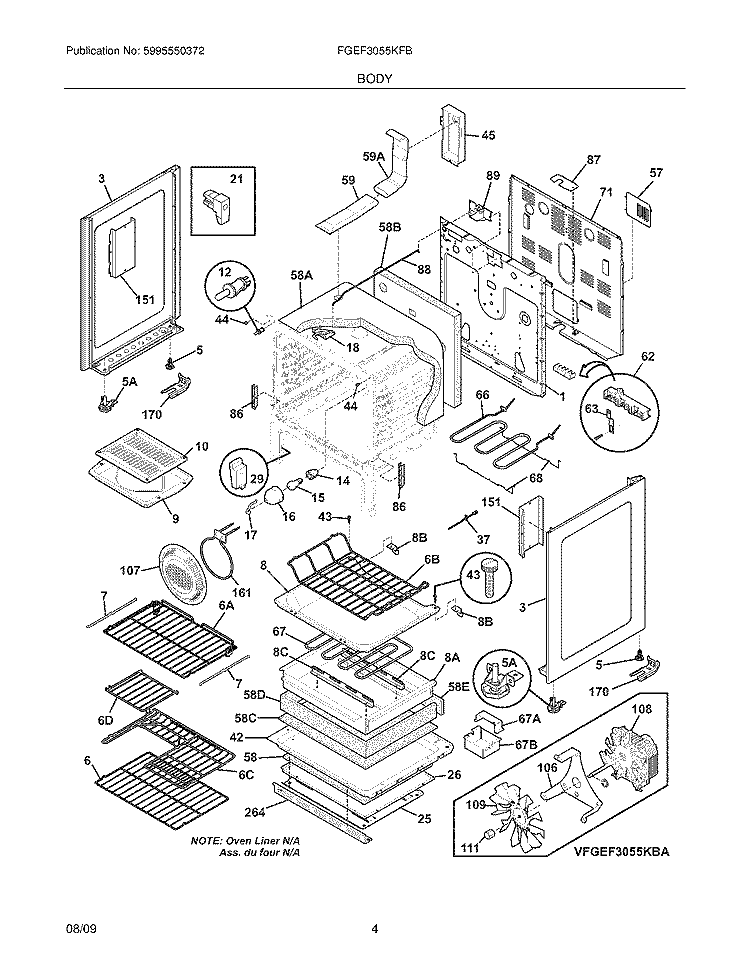 BODY Diagram and Parts List for FGEF3055KFB  Frigidaire Range