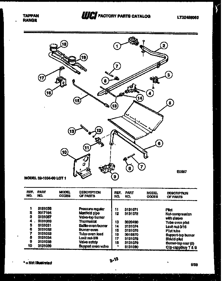 BURNER, MANIFOLD AND GAS CONTROL Diagram and Parts List for 32-1004-00-01  Tappan Range