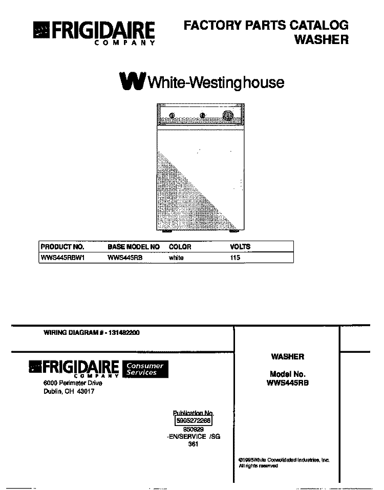 COVER Diagram and Parts List for WWS445RBW1  Frigidaire Washer