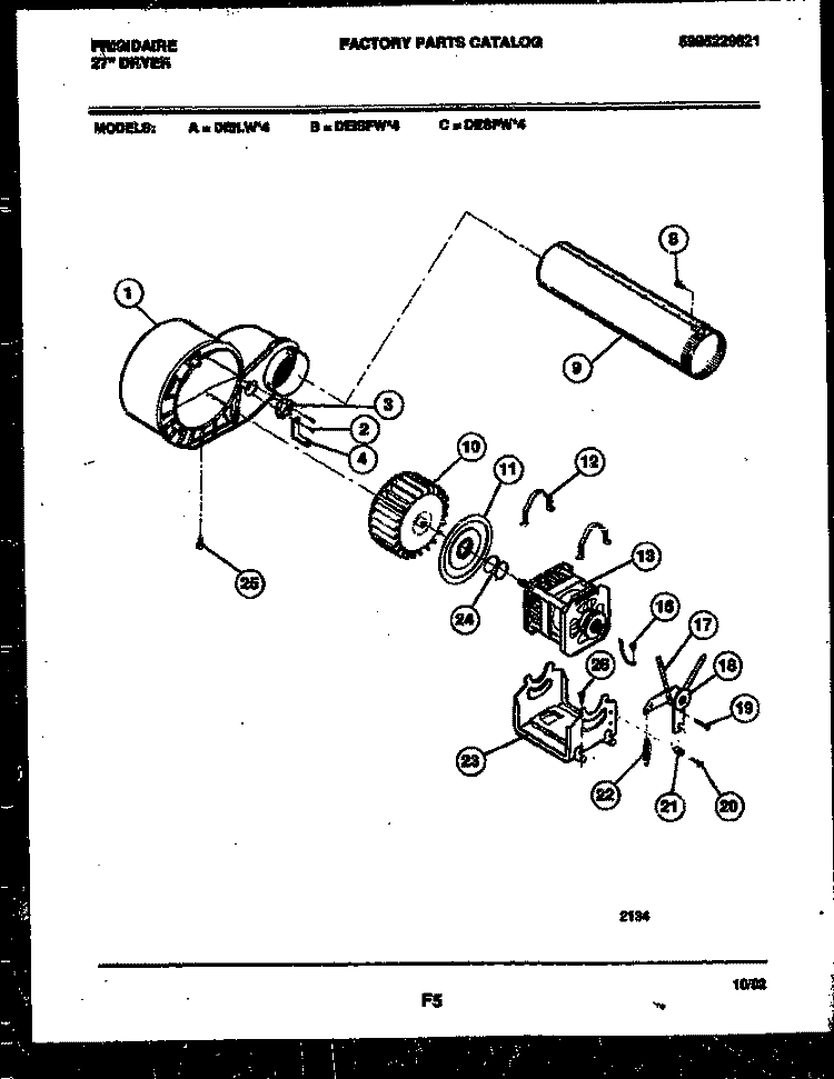 BLOWER AND DRIVE PARTS Diagram and Parts List for DEISFW4  Frigidaire Dryer