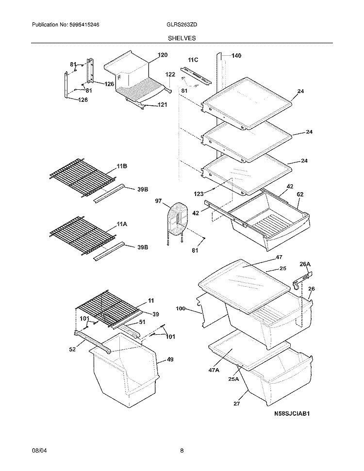 SHELVES Diagram and Parts List for GLRS263ZDW2  Frigidaire Refrigerator