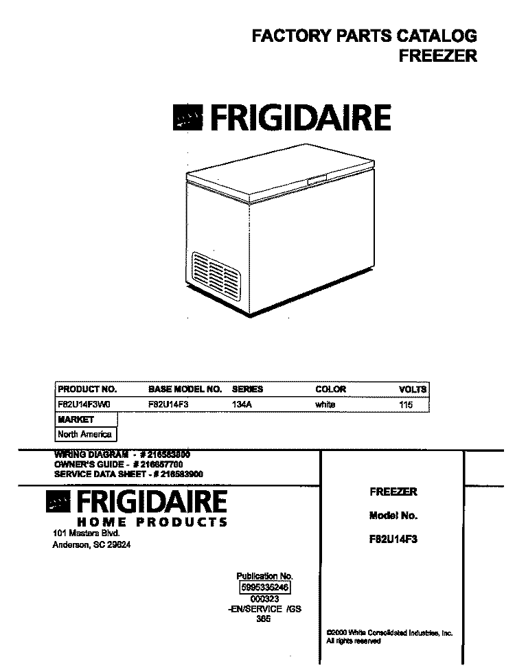 COVER Diagram and Parts List for F82U14F3W0  Frigidaire Freezer