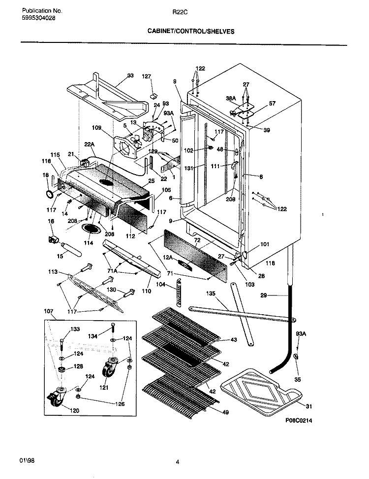 CABINET / CONTROL / SHELVES Diagram and Parts List for R22CW4  Frigidaire Freezer