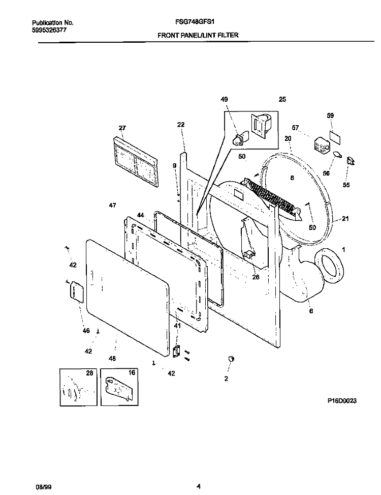 P16D0023 FRNT PNL, DOOR Diagram and Parts List for FSG748GFS1  Frigidaire Dryer