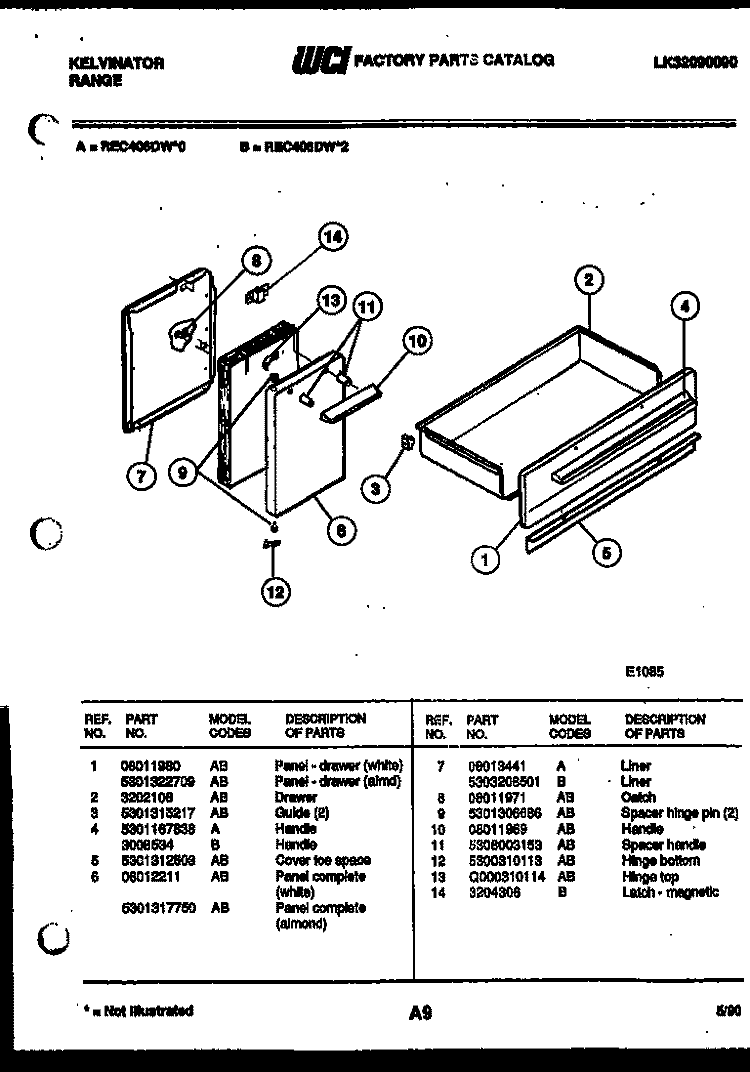 DRAWER Diagram and Parts List for REC406DW0  Kelvinator Range
