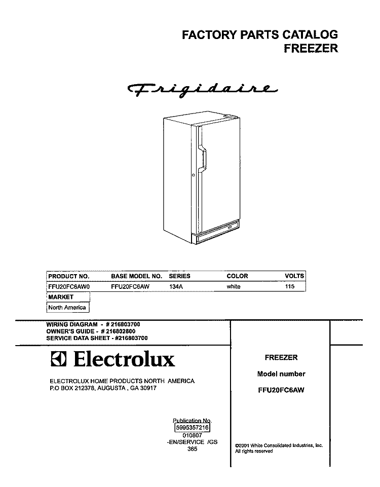 COVER Diagram and Parts List for FFU20FC6AW0  Frigidaire Freezer