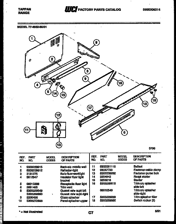 SPLASHER CONTROL Diagram and Parts List for 77-4950-00-01  Tappan Range