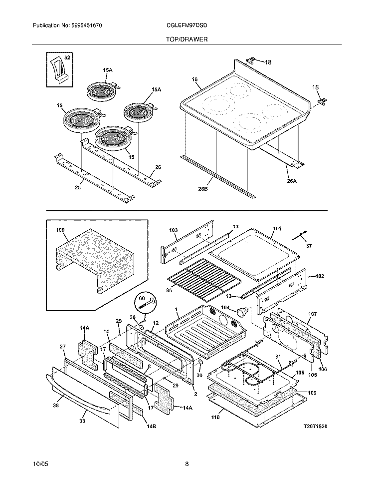 TOP / DRAWER Diagram and Parts List for CGLEFM97DSD  Frigidaire Range