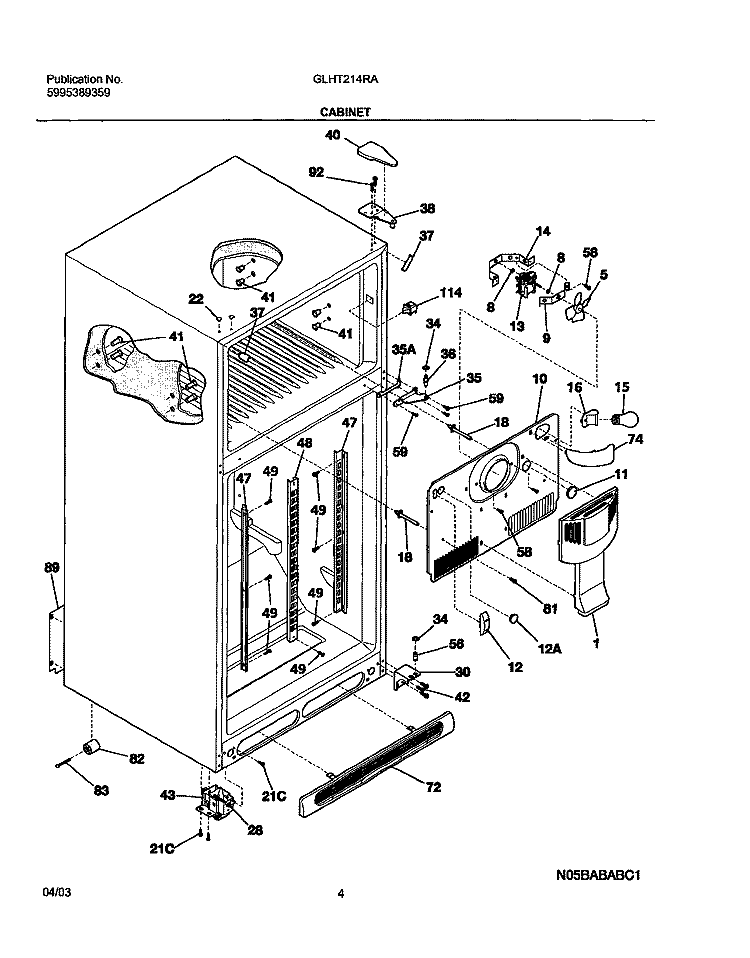 CABINET Diagram and Parts List for GLHT214RAB4  Frigidaire Refrigerator