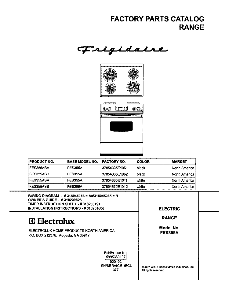 COVER Diagram and Parts List for FES355ASB  Frigidaire Range