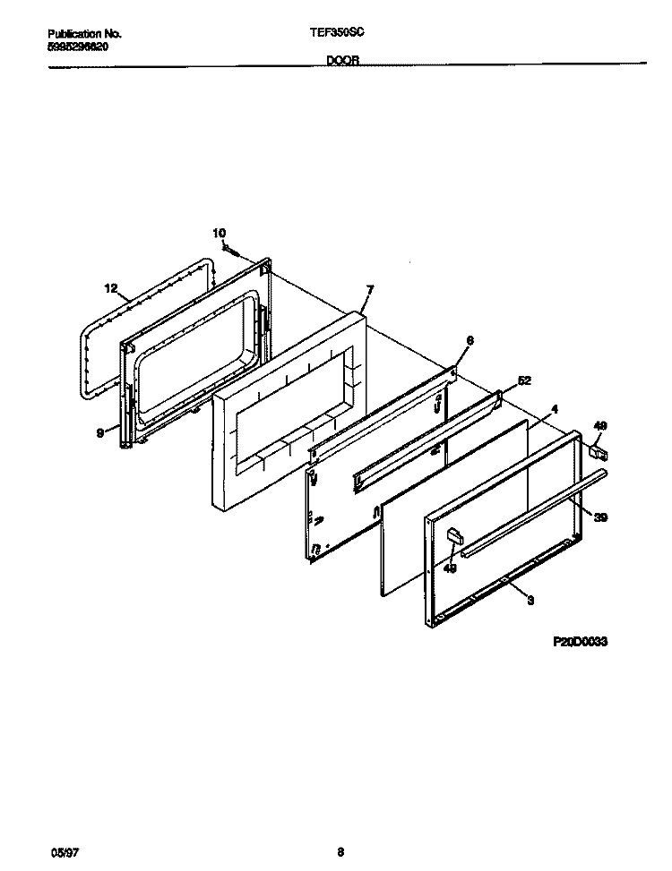 DOOR Diagram and Parts List for TEF350SCDE  Tappan Range