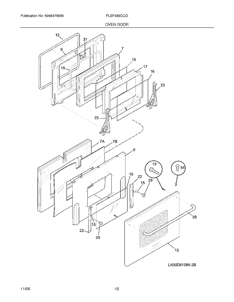 OVEN DOOR Diagram and Parts List for PLEF489CCG  Frigidaire Range