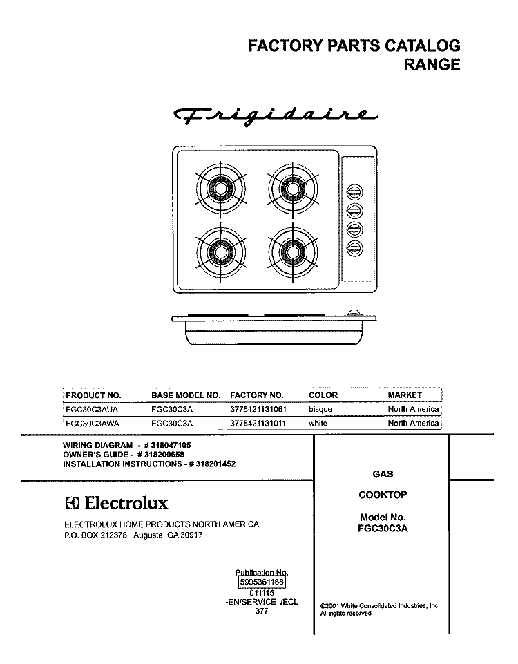 COVER Diagram and Parts List for FGC30C3AWA  Frigidaire Cooktop