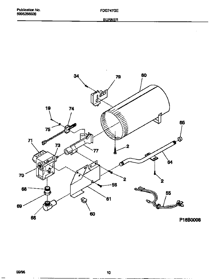 BURNER Diagram and Parts List for FDG747GES0  Frigidaire Dryer