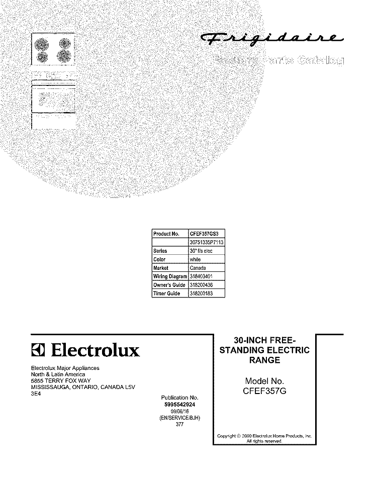COVER Diagram and Parts List for CFEF357GS3  Frigidaire Range