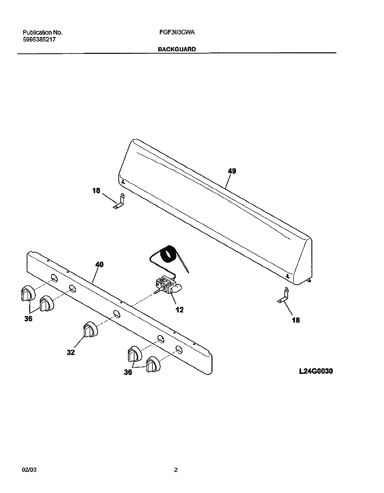 BACKGUARD Diagram and Parts List for FGF303CWA  Frigidaire Range
