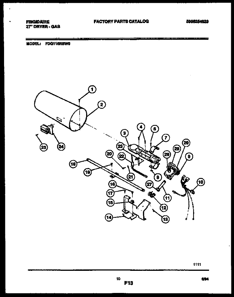 BURNER, IGNITER AND VALVE Diagram and Parts List for FDG116RBW0  Frigidaire Dryer