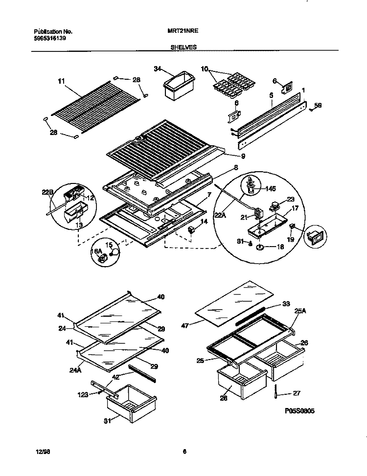 SHELVES Diagram and Parts List for MRT21NRED3  Frigidaire Refrigerator