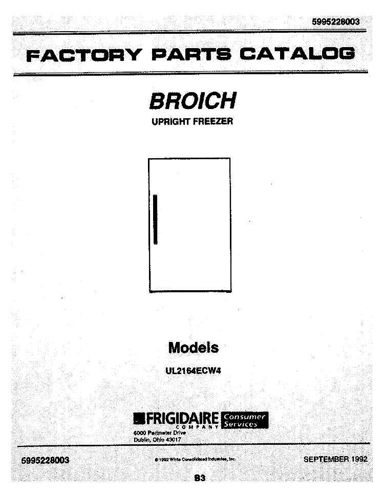 COVER Diagram and Parts List for UL2164ECW4  Frigidaire Freezer