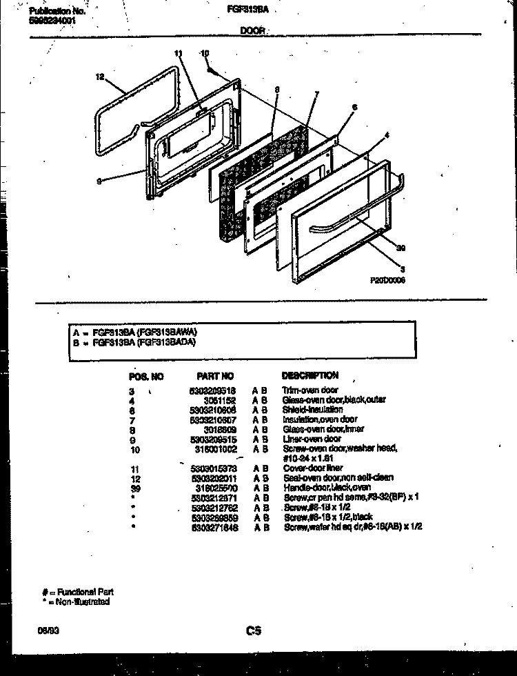 DOOR PARTS Diagram and Parts List for FGF313BADA  Frigidaire Range