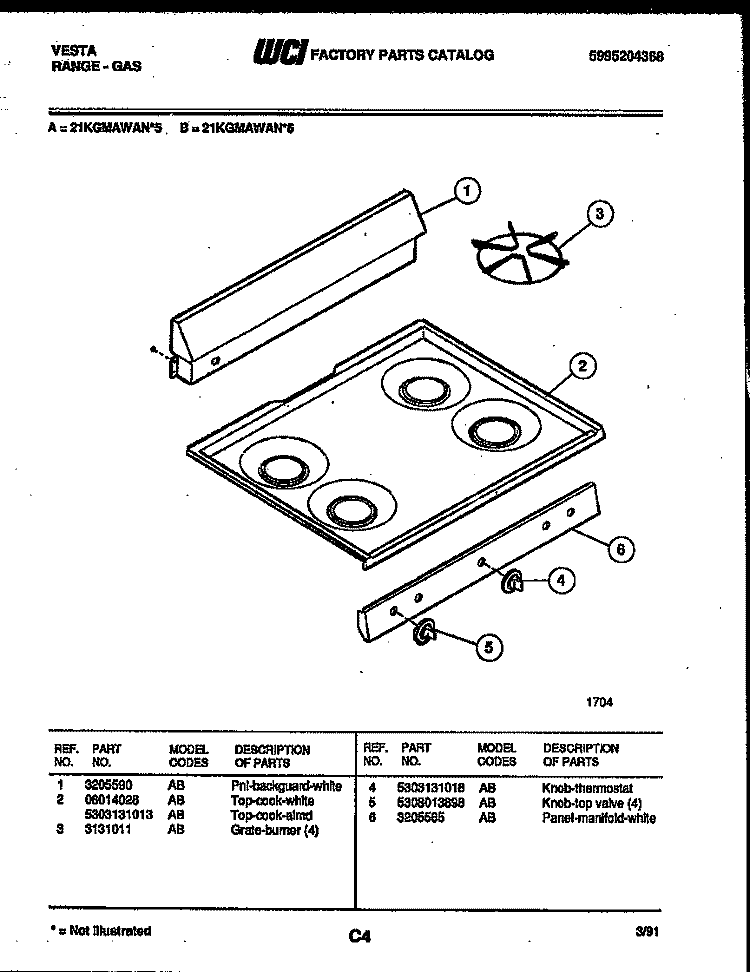 COOKTOP PARTS Diagram and Parts List for 21KGMAWAN6-66  Tappan Range