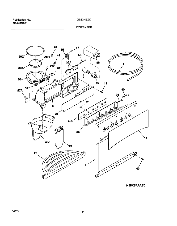 DISPENSER Diagram and Parts List for GS23HSZCC0  Frigidaire Refrigerator