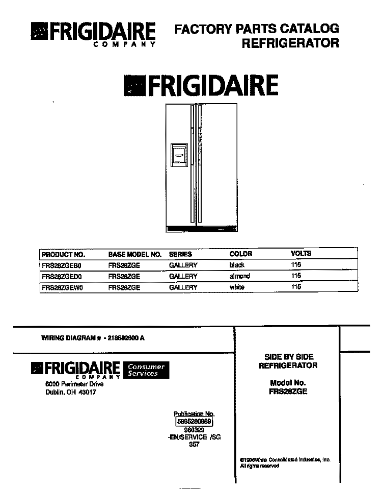 COVER Diagram and Parts List for FRS28ZGED0  Frigidaire Refrigerator