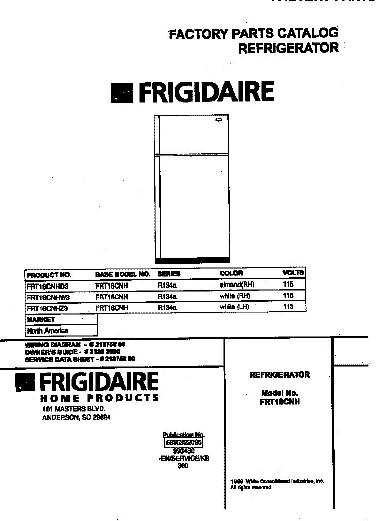 COVER Diagram and Parts List for FRT16CNHD3  Frigidaire Refrigerator