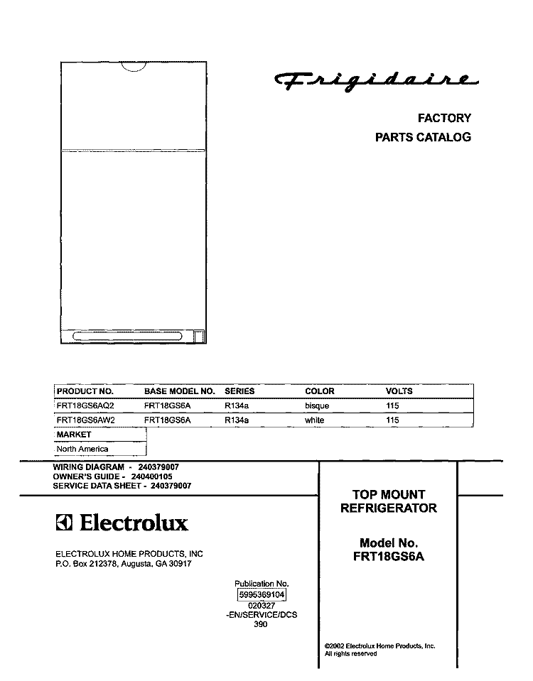 COVER Diagram and Parts List for FRT18GS6AQ2  Frigidaire Refrigerator
