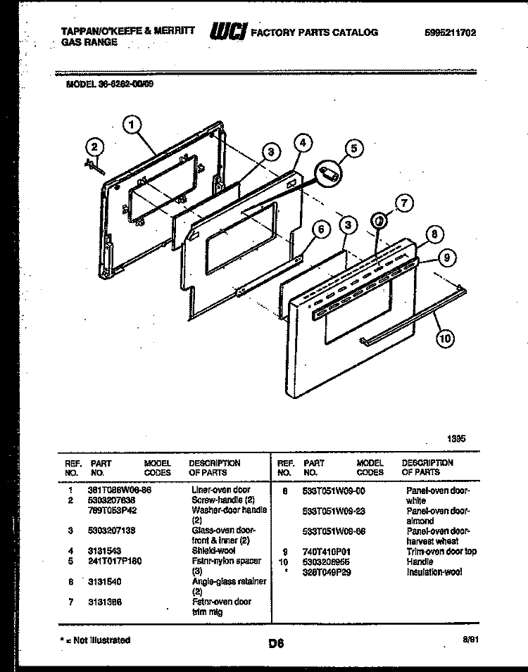 DOOR PARTS Diagram and Parts List for 36-6262-00-09  Tappan Range