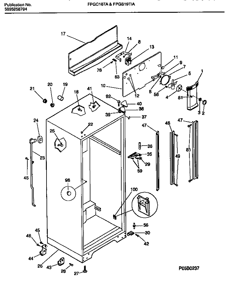 CABINET WITH FAN ASSEMBLY Diagram and Parts List for FPGS19TIAL4  Frigidaire Refrigerator
