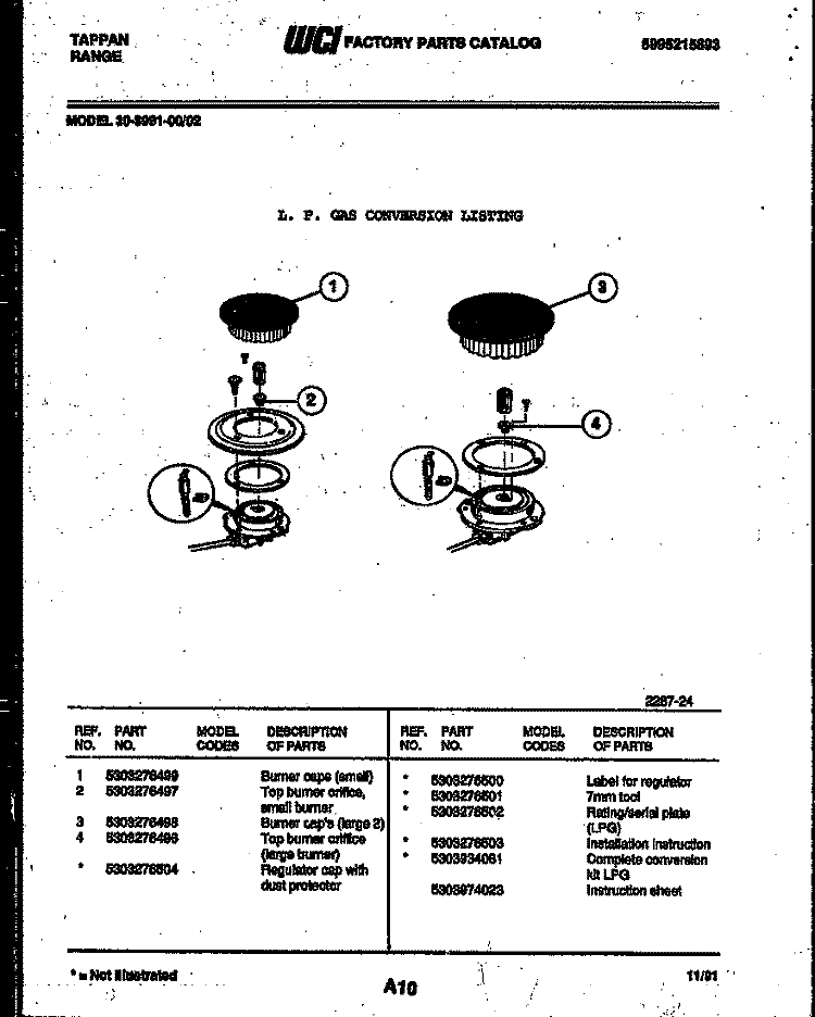 BURNER PARTS Diagram and Parts List for 30-3991-00-02  Tappan Range