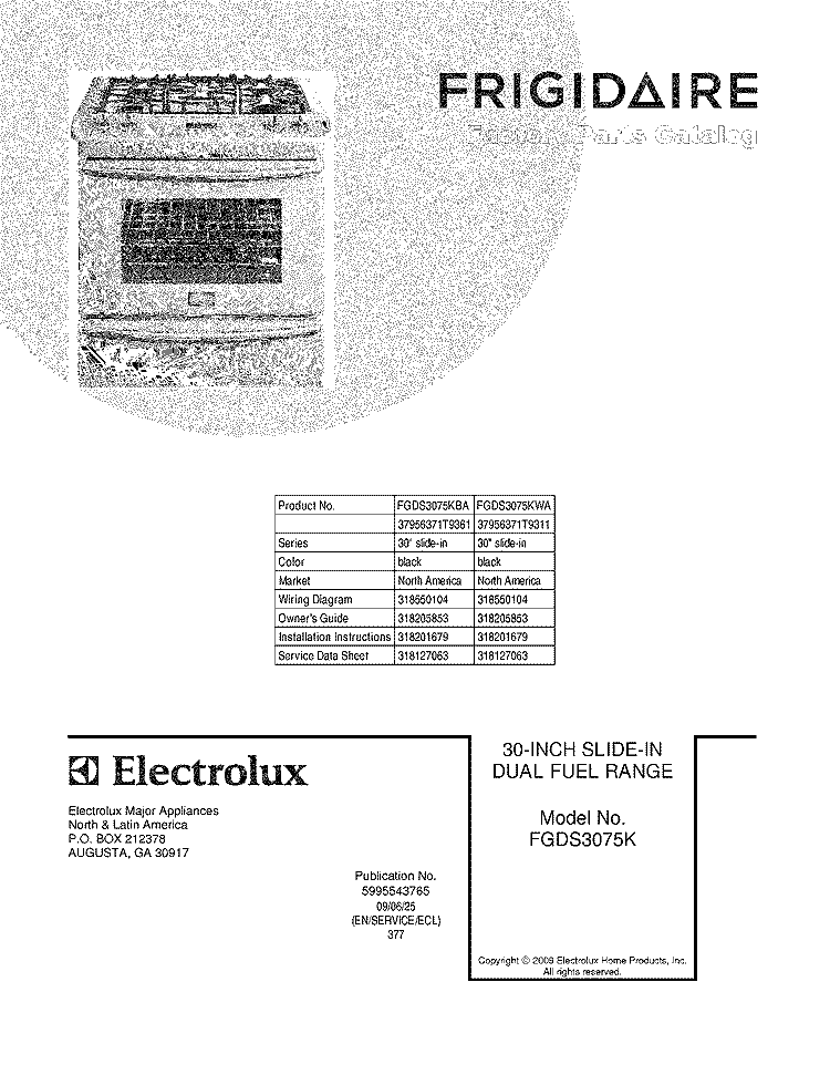 COVER Diagram and Parts List for FGDS3075KWA  Frigidaire Range