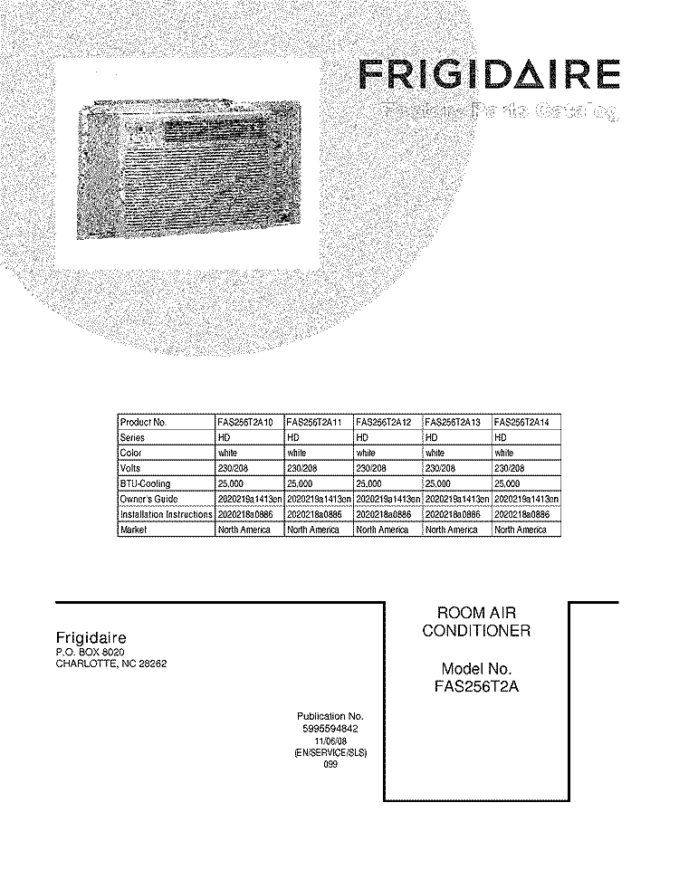 COVER Diagram and Parts List for FAS256T2A14  Frigidaire Air Conditioner