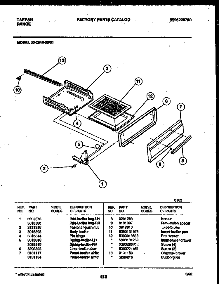 BROILER DRAWER PARTS Diagram and Parts List for 30-2542-00-01  Tappan Range