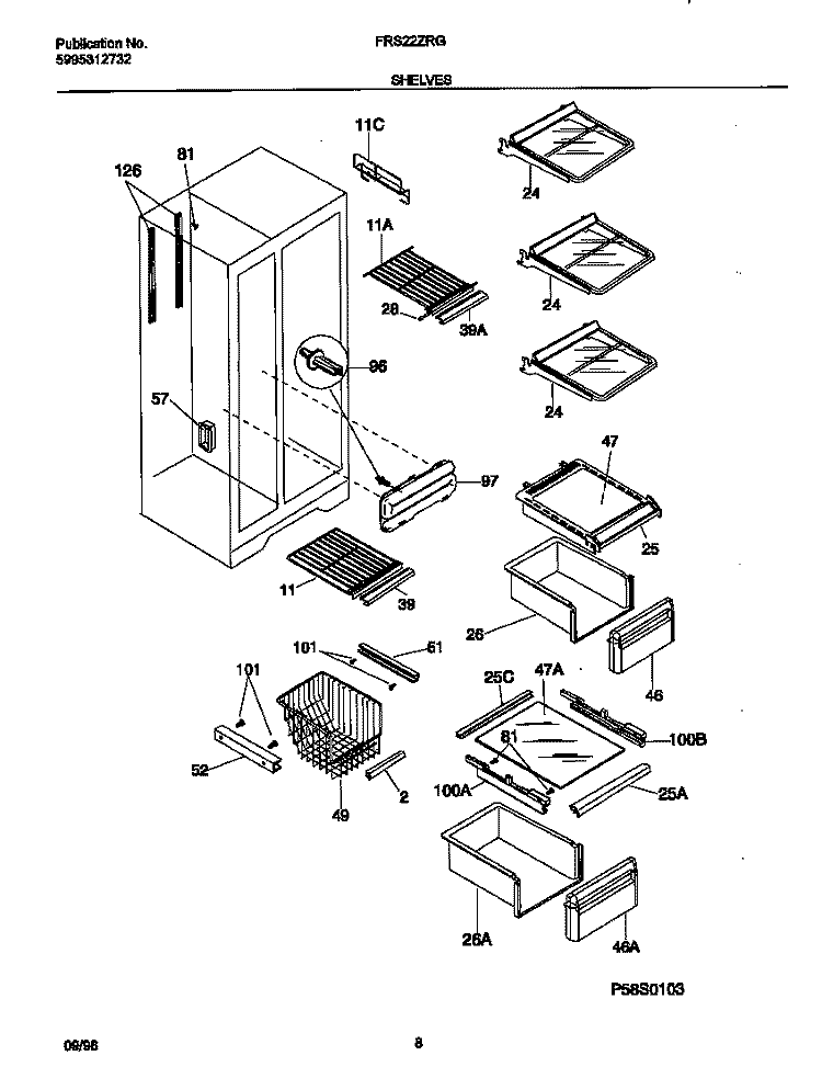 SHELVES Diagram and Parts List for FRS22ZRGB2  Frigidaire Refrigerator